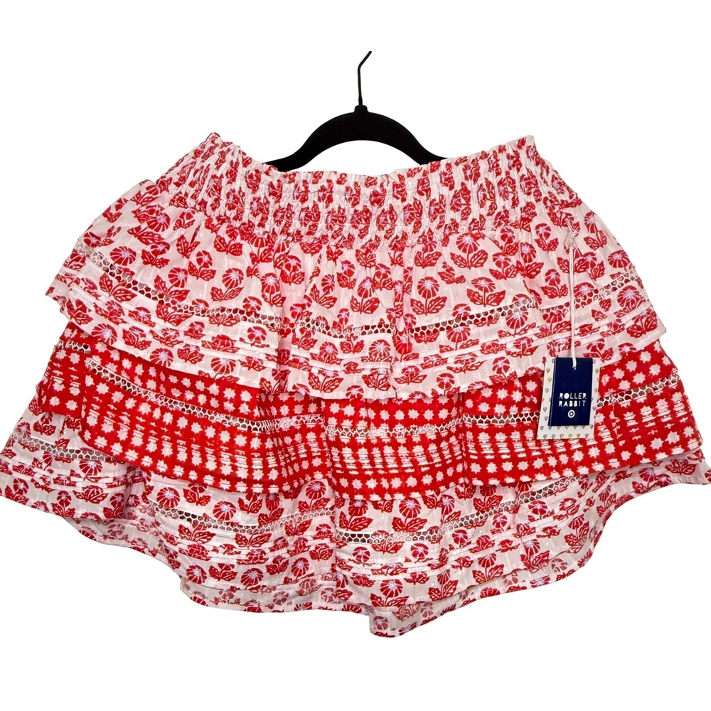 Roller Rabbit Skirt Womens Large Red NWT Floral Tiered Smocked Mini Eyelet Lace